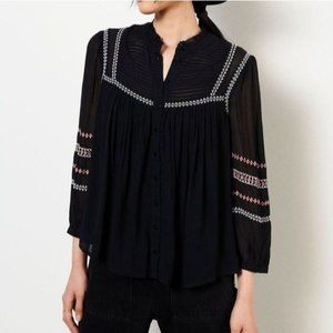 Chico's Size 2 Large 12/14 Embroidered Black Chiffon Long Sleeve Shirt NWT